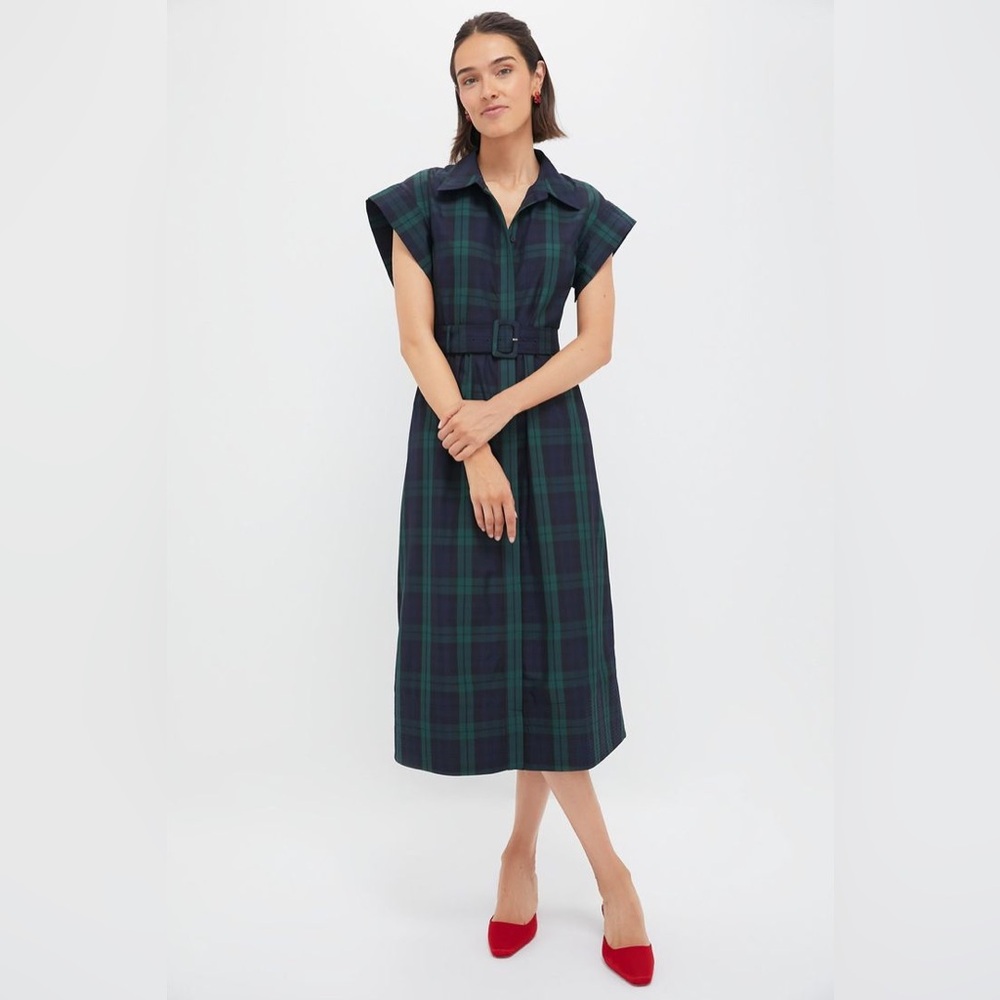 Tuckernuck Navy & Green Plaid Belted Midi Shirt Dress